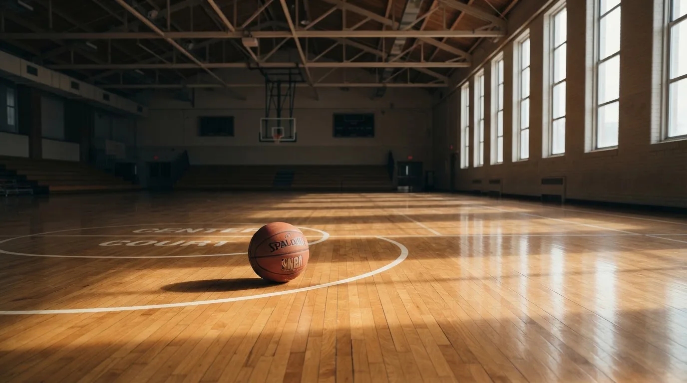 Ein Basketball liegt auf dem Parkett einer leeren Halle, Licht fällt durch hohe Fenster.