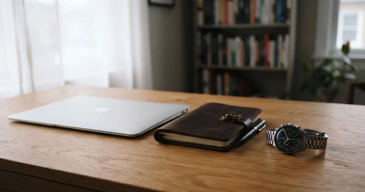 Ein Laptop mit geschlossenem Deckel, ein Notizblock und eine Armbanduhr liegen auf einem Schreibtisch in sachlichem Tageslicht.