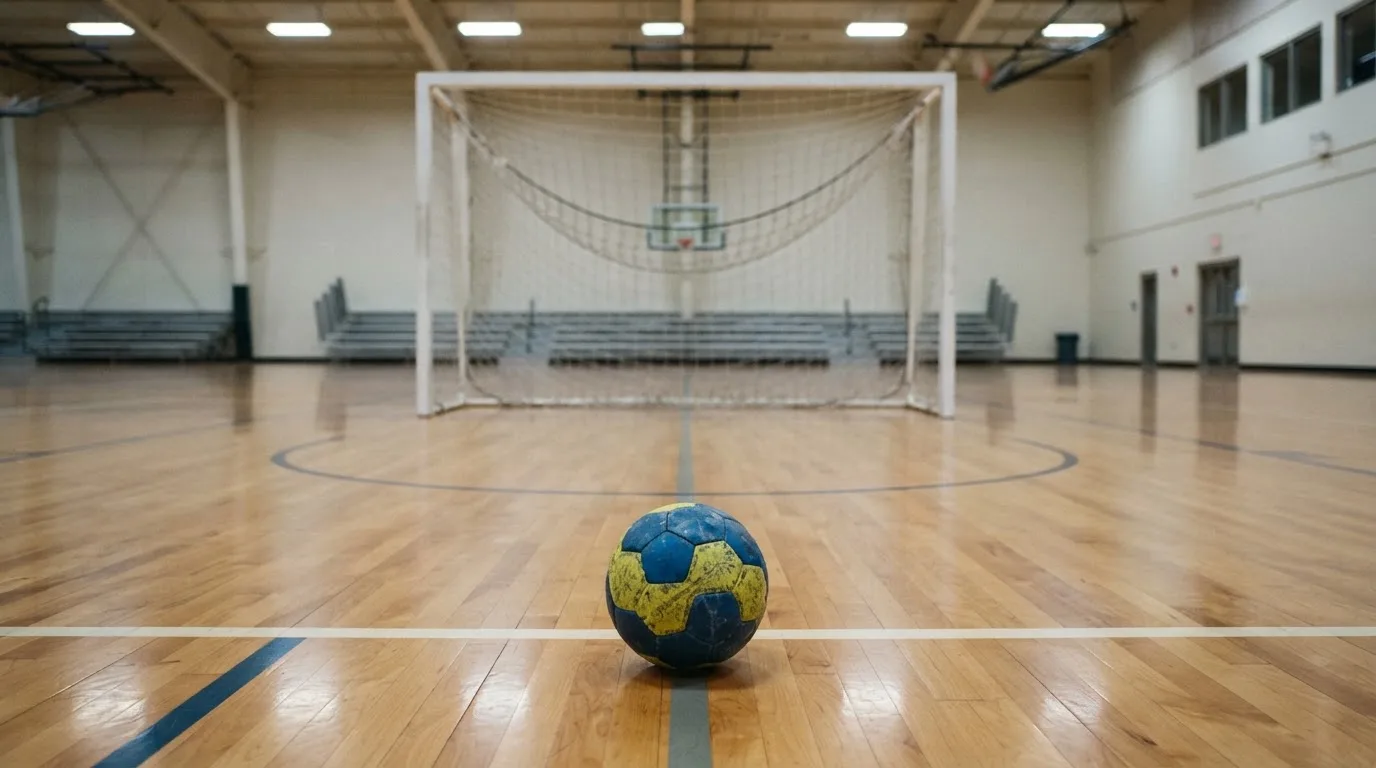 Ein Handball liegt in einer leeren Halle auf dem Boden vor dem Tor.