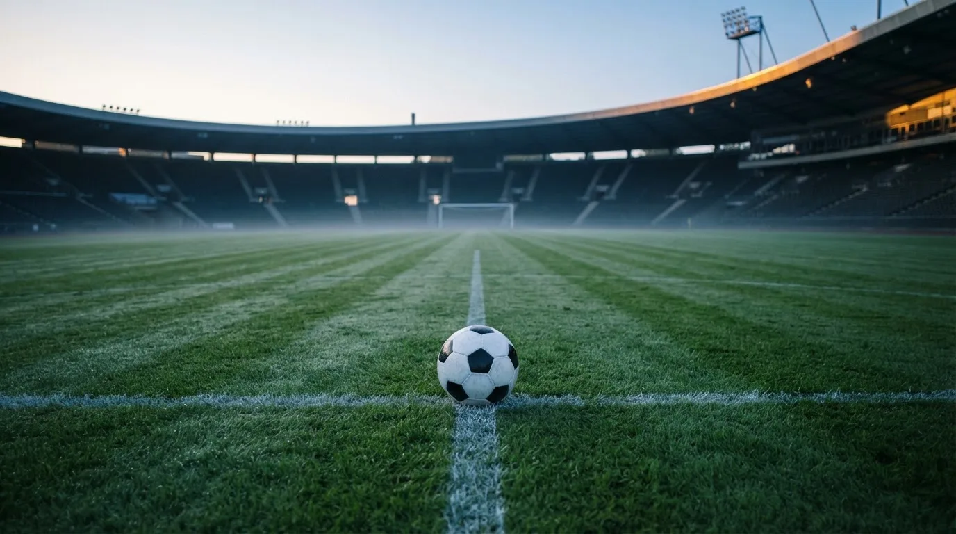 Ein Fußball liegt auf dem Anstoßkreis eines leeren Rasenplatzes im frühen Morgenlicht.