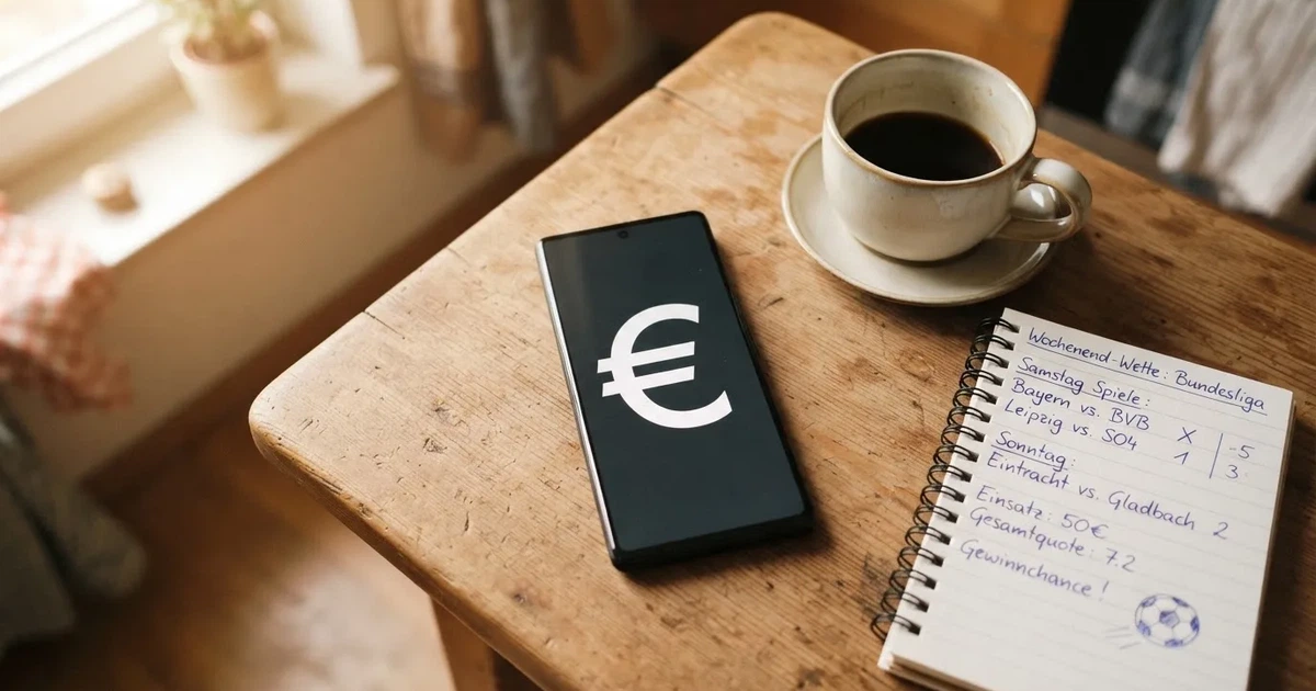 Ein Smartphone mit dunklem Display liegt neben einer Kaffeetasse und einem Notizbuch auf einem Küchentisch.