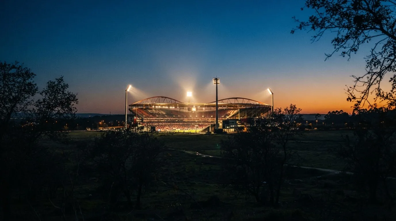 Ein Stadion unter Flutlicht aus großer Entfernung, davor die Silhouetten von Bäumen im Abendhimmel.