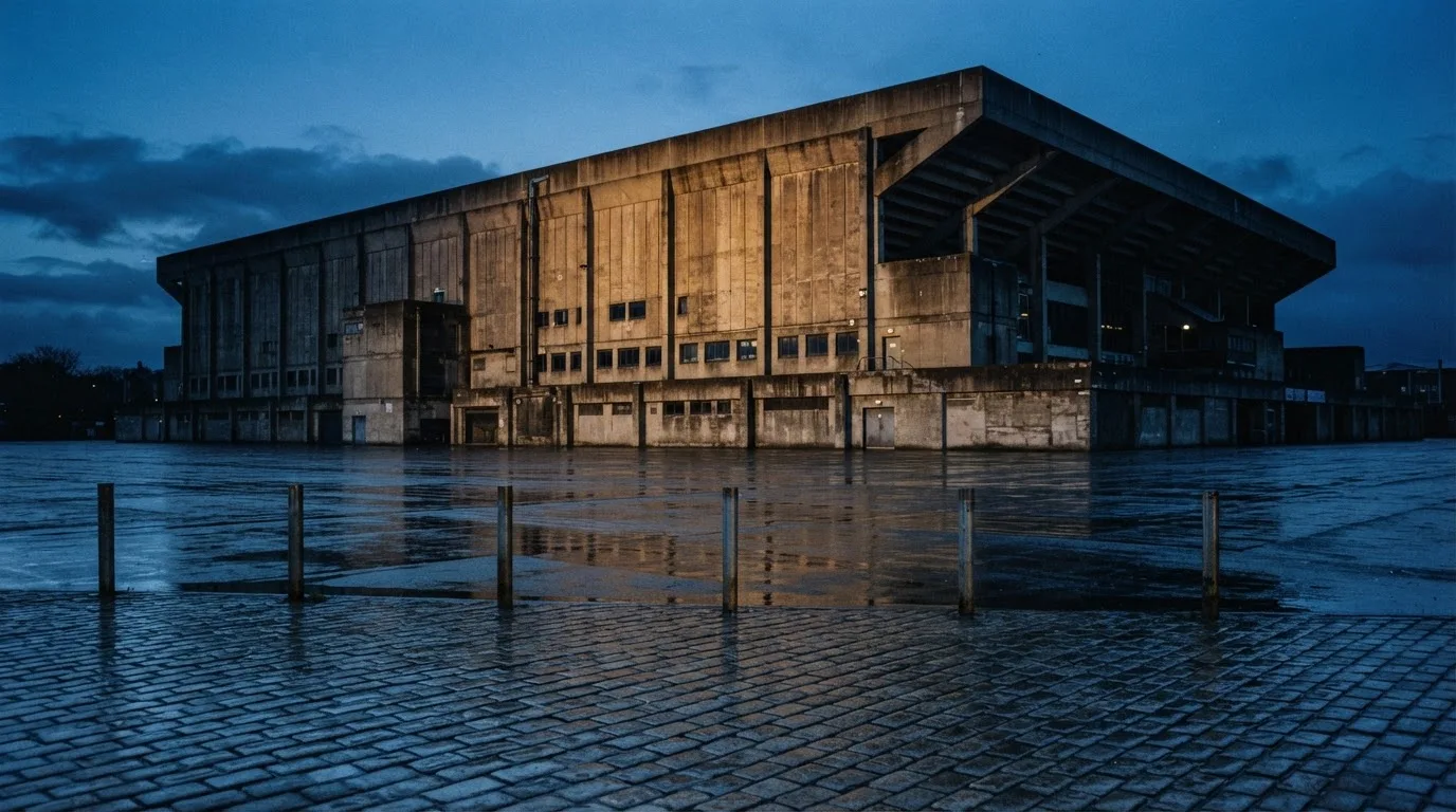 Die Rückseite einer Tribüne bei Dämmerung, davor ein menschenleerer Vorplatz mit Pflastersteinen.