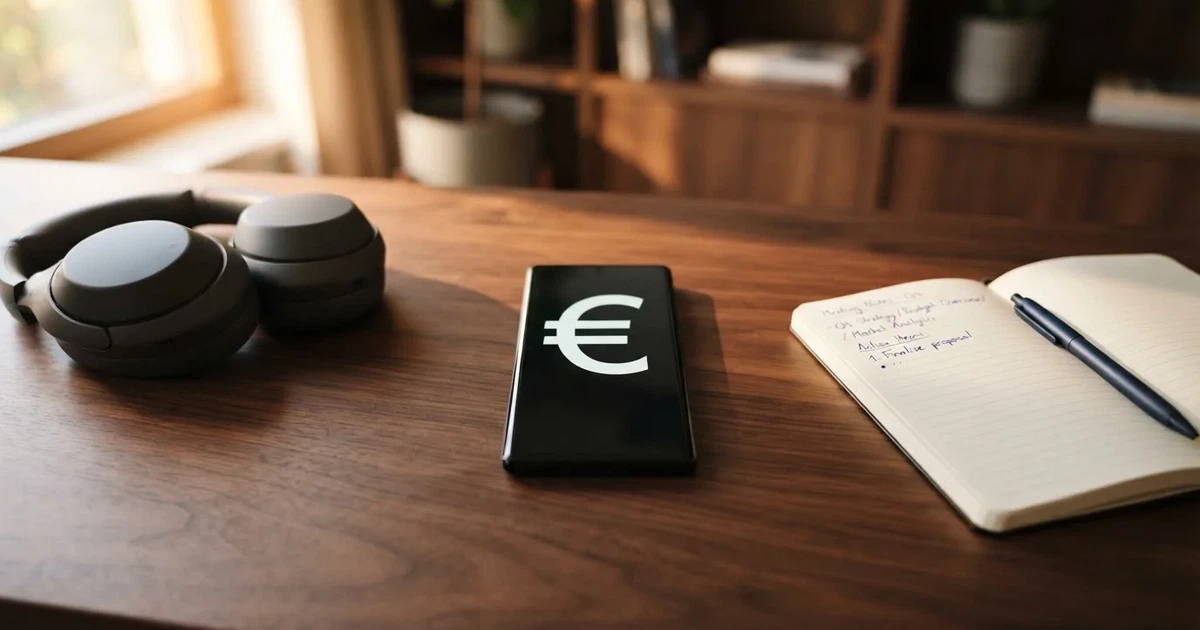 Ein Smartphone mit schwarzem Display liegt neben Kopfhörern auf einem Schreibtisch, daneben ein aufgeschlagenes Notizbuch.
