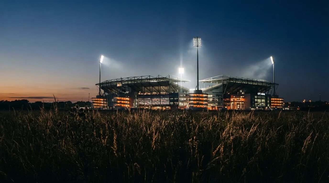 Ein hell beleuchtetes Stadion aus der Ferne in der Dämmerung, im Vordergrund ein Feld mit hohem Gras.