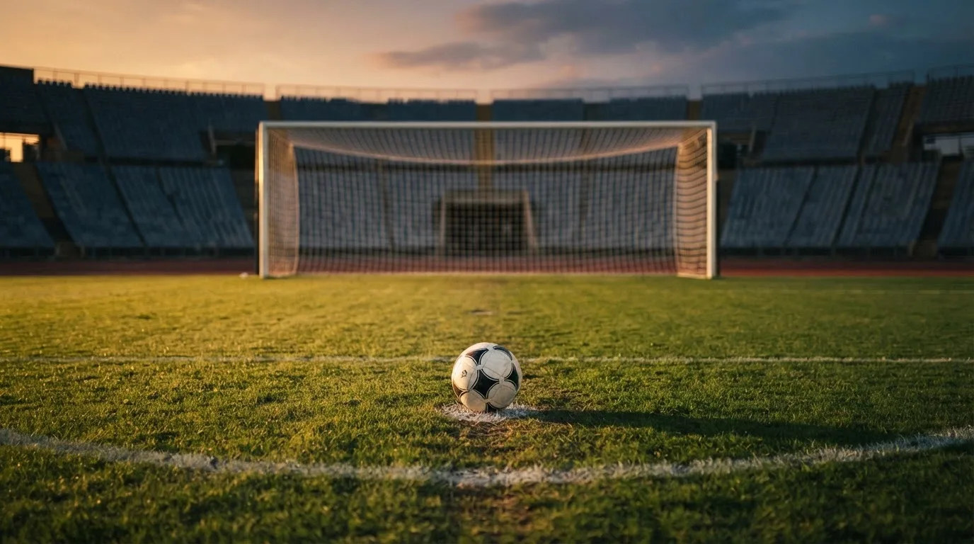 Ein Fußball liegt im Strafraum eines leeren Platzes, dahinter die Netze des Tores im Abendlicht.