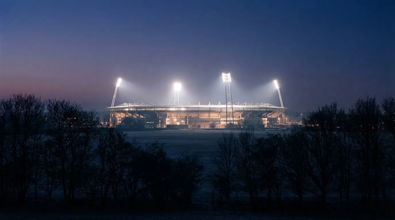 Ein Stadion unter Flutlicht, aus großer Entfernung gesehen, davor eine Reihe kahler Bäume im Dämmerlicht.