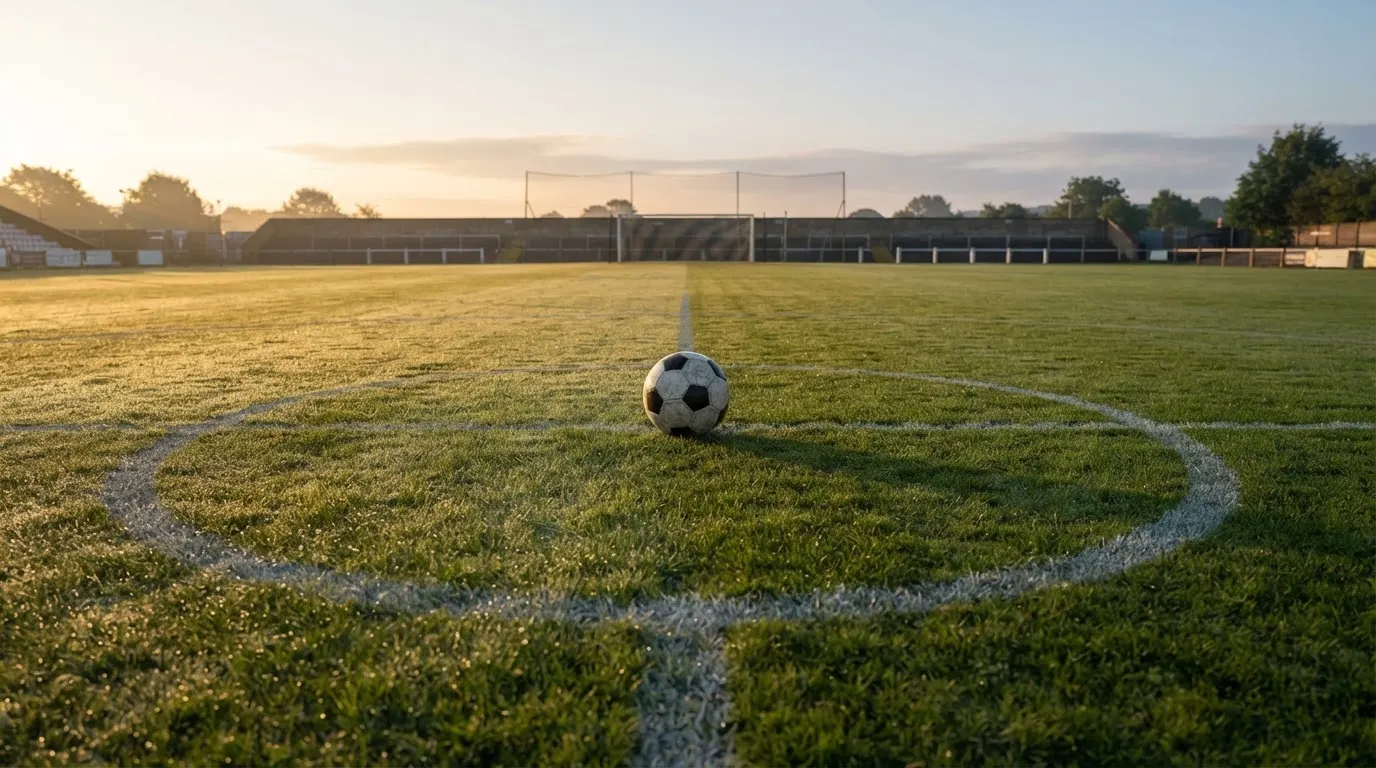 Ein Fußball auf dem Mittelkreis eines leeren Rasenplatzes im frühen Morgenlicht.