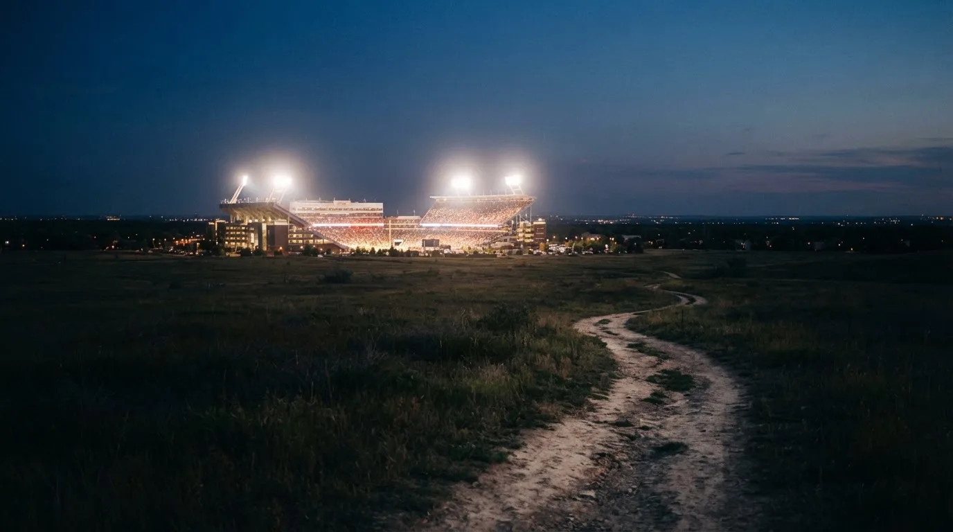 Ein beleuchtetes Stadion aus großer Distanz am Abend, im Vordergrund ein Feldweg.