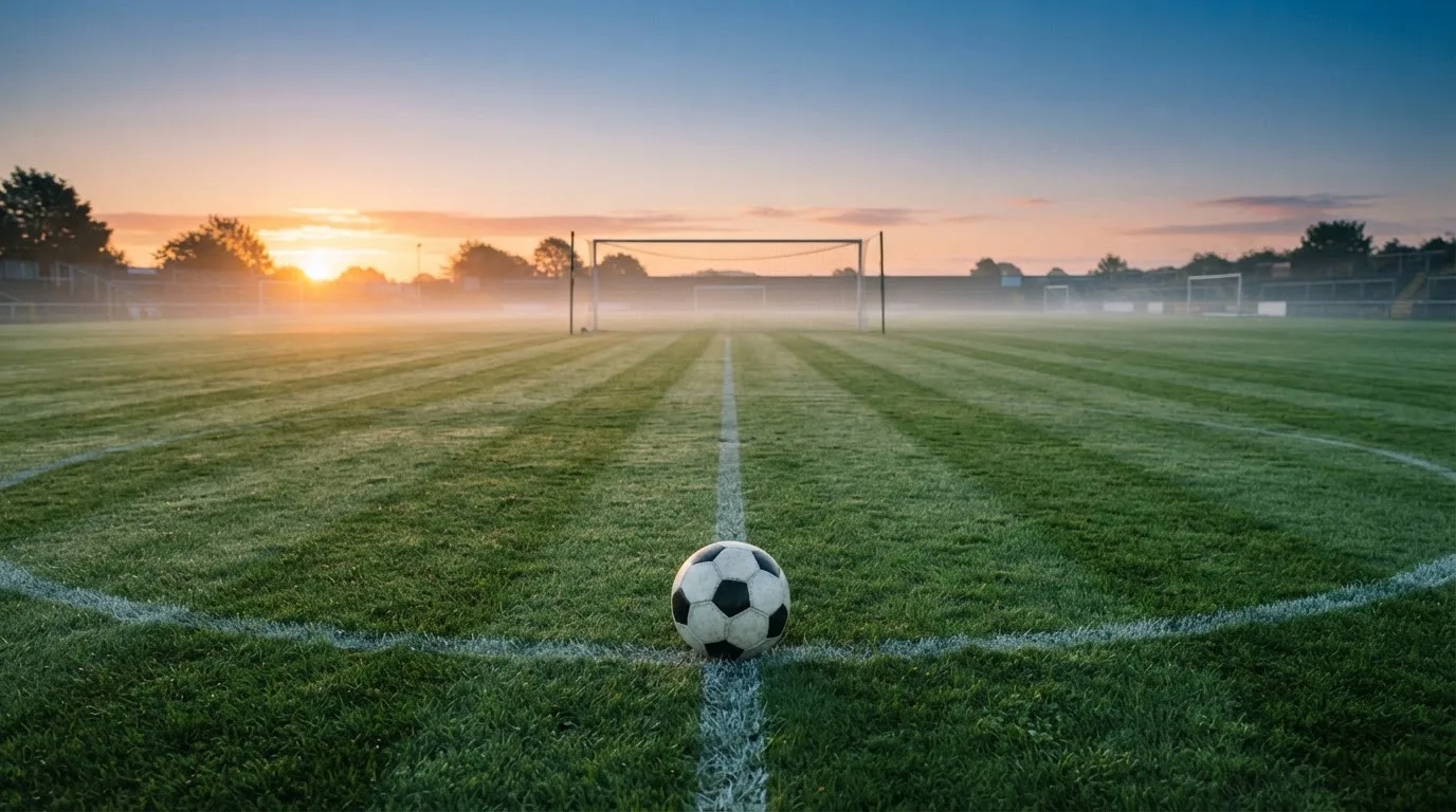 Ein Fußball liegt am Rand des Mittelkreises auf einem leeren Rasenplatz bei Sonnenaufgang.