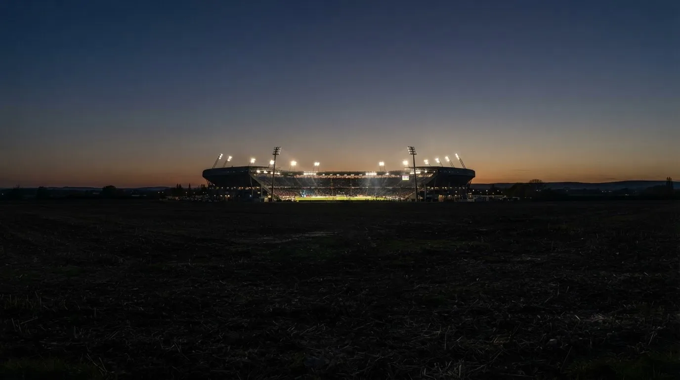 Ein Stadion unter Flutlicht aus großer Entfernung, davor ein dunkler Acker im Abendlicht.