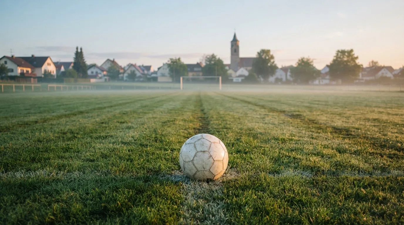 Ein Fußball auf dem Rasen eines leeren Sportplatzes am Rand einer Kleinstadt im Morgenlicht.