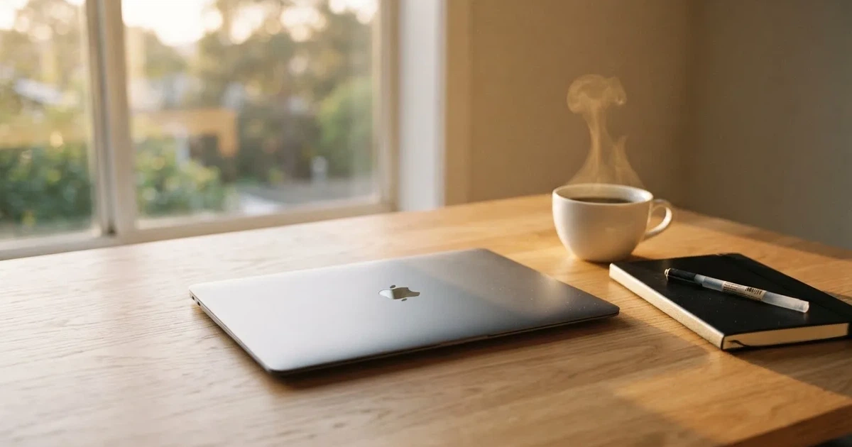 Ein Laptop mit geschlossenem Deckel steht neben einer Kaffeetasse und einem Notizbuch auf einem hellen Schreibtisch.