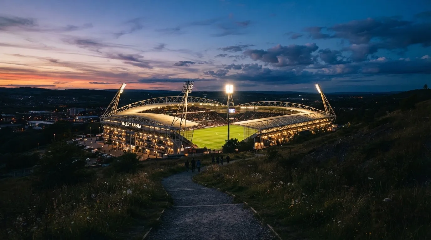 Ein Stadion unter Flutlicht, von einer Anhöhe aus gesehen, davor ein stiller Weg in der Dämmerung.