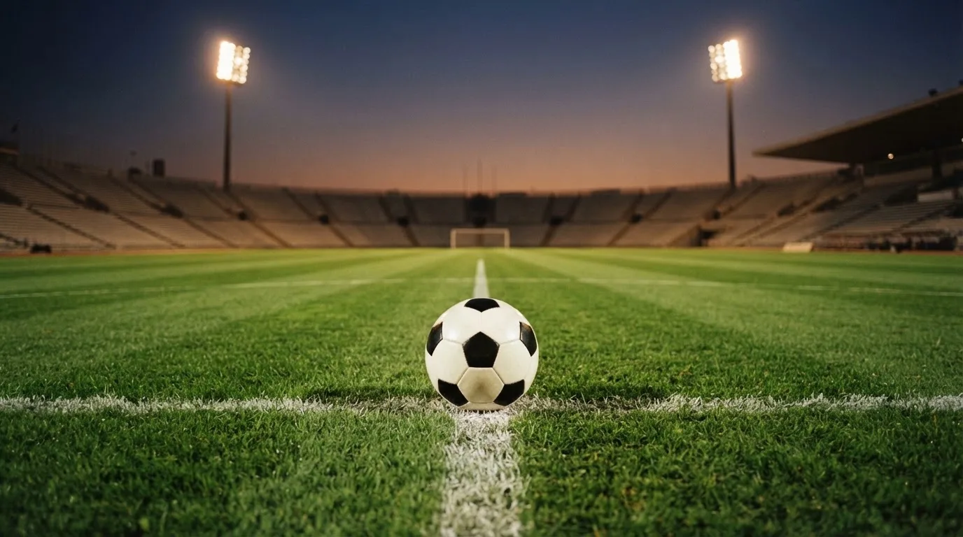 Ein Fußball liegt auf dem Anstoßpunkt eines leeren Rasenplatzes, im Hintergrund ein Stadion unter Flutlicht in der Abenddämmerung.