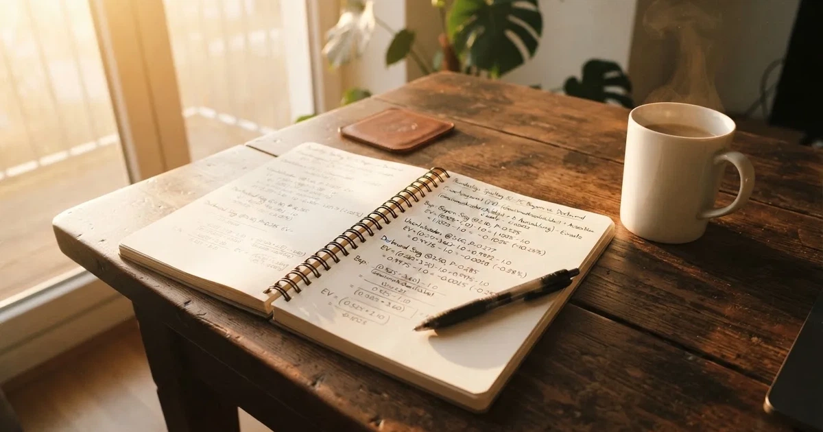 Ein Notizbuch mit handschriftlichen Rechnungen und ein Taschenrechner liegen auf einem Schreibtisch neben einer Tasse Kaffee im Licht des frühen Morgens.