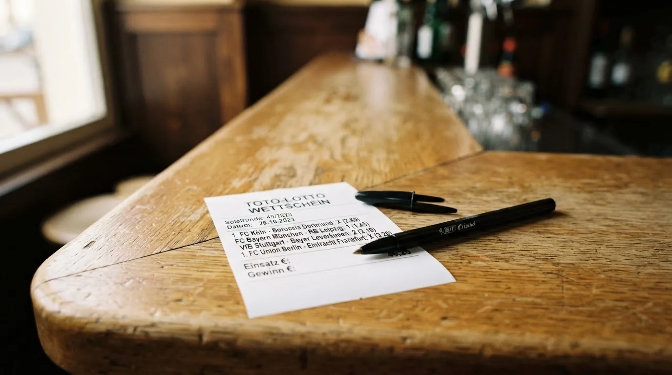 Ein leerer Wettschein aus Papier liegt neben einem Stift auf einer hölzernen Theke, weiches Licht fällt von der Seite ein.