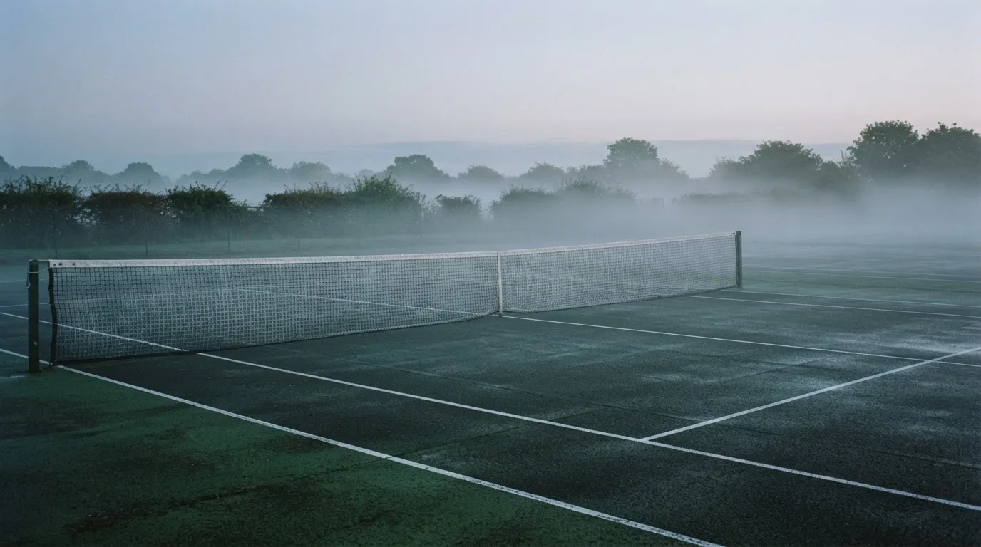 Ein Tennisplatz im Morgengrauen, das Netz und die Linien liegen im Tau, im Hintergrund leichter Nebel und kein Mensch zu sehen.