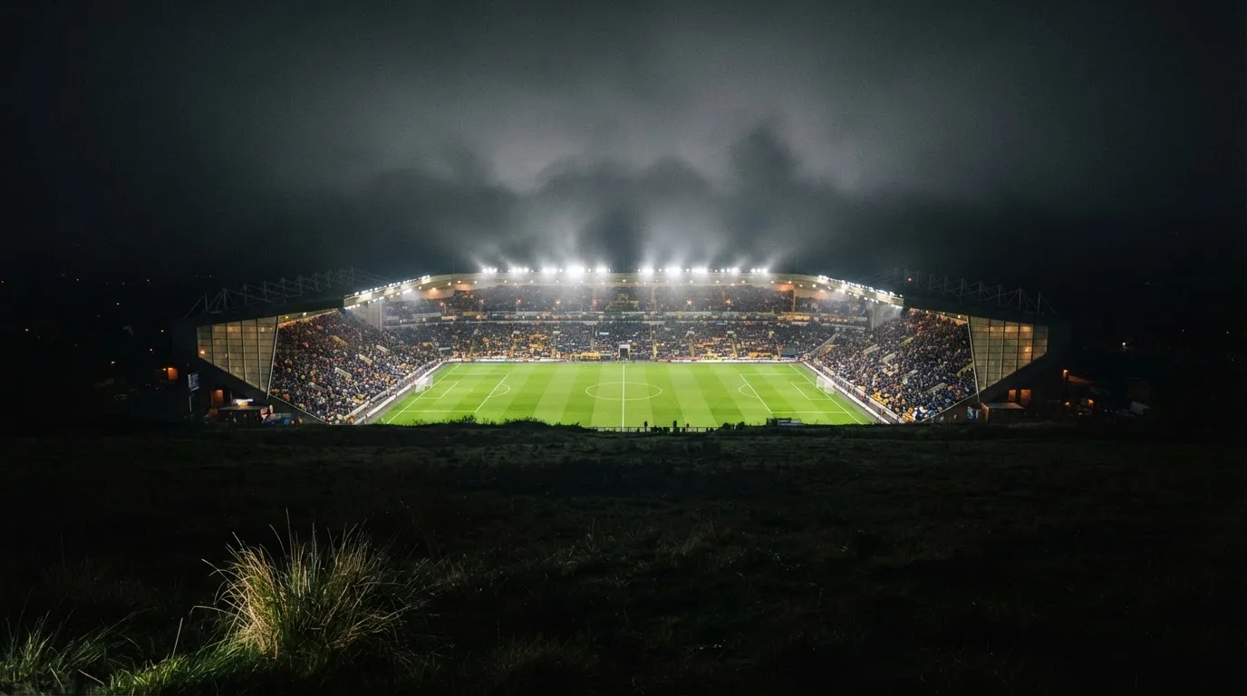 Ein Stadion unter Flutlicht, aus großer Entfernung über eine dunkle Wiese fotografiert, am Himmel zieht Nebel auf.
