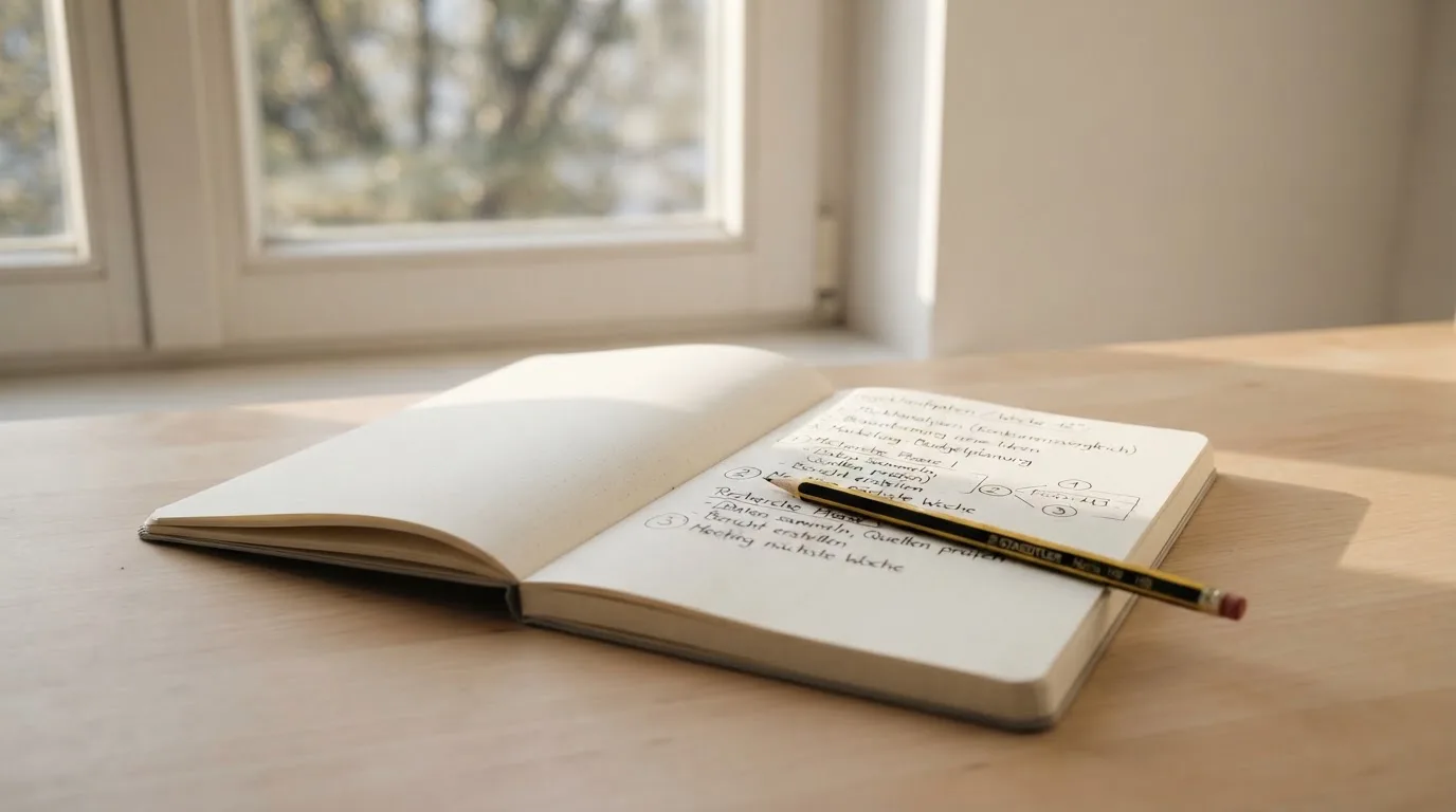 Ein Notizbuch mit handschriftlichen Notizen und ein Bleistift liegen auf einem Schreibtisch am Fenster, draußen fällt Morgenlicht herein.