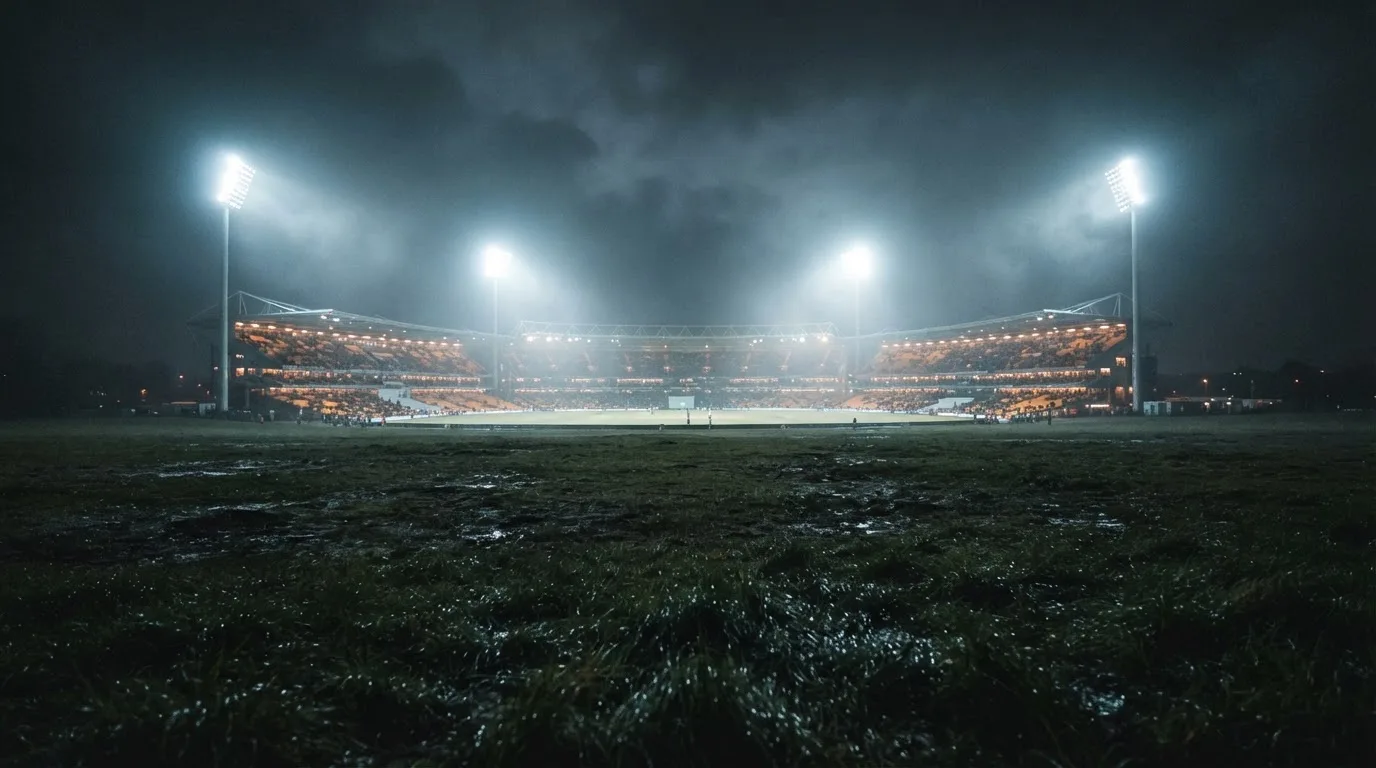 Ein Stadion unter Flutlicht, aus großer Entfernung über eine dunkle Wiese fotografiert, am Himmel zieht Nebel auf.