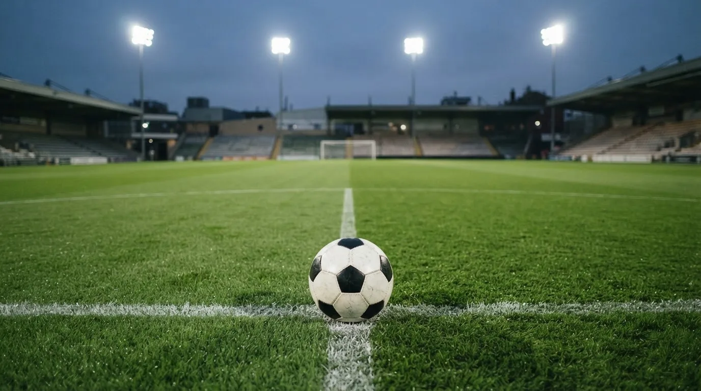 Ein Fußball liegt auf dem Anstoßpunkt eines leeren Rasenplatzes, im Hintergrund steht ein Stadion unter Flutlicht in der Dämmerung.