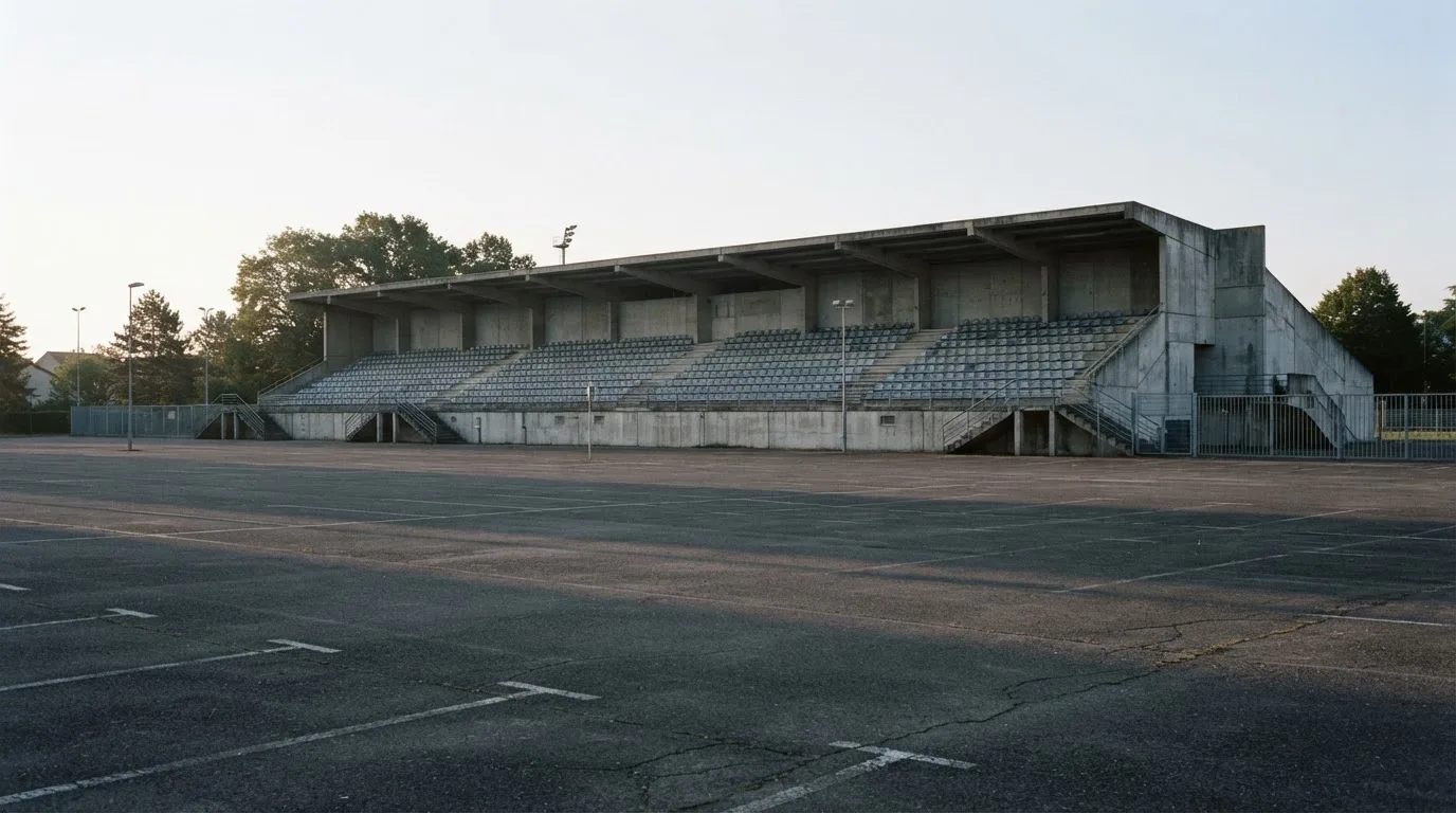 Eine leere Tribüne eines kleinen Stadions am frühen Morgen, aus der Ferne über einen menschenleeren Parkplatz fotografiert.