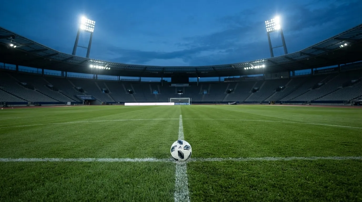 Ein Fußball liegt auf dem Rasen eines leeren Platzes, im Hintergrund ein Stadion unter Flutlicht in der Abenddämmerung.