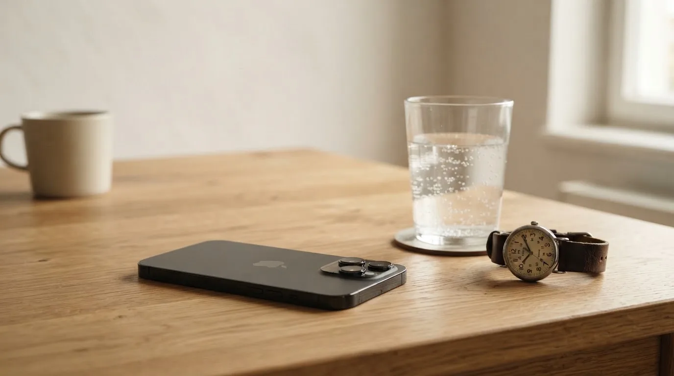 Ein Smartphone liegt mit dem Display nach unten auf einem Küchentisch, daneben stehen ein Glas Wasser und eine Armbanduhr.