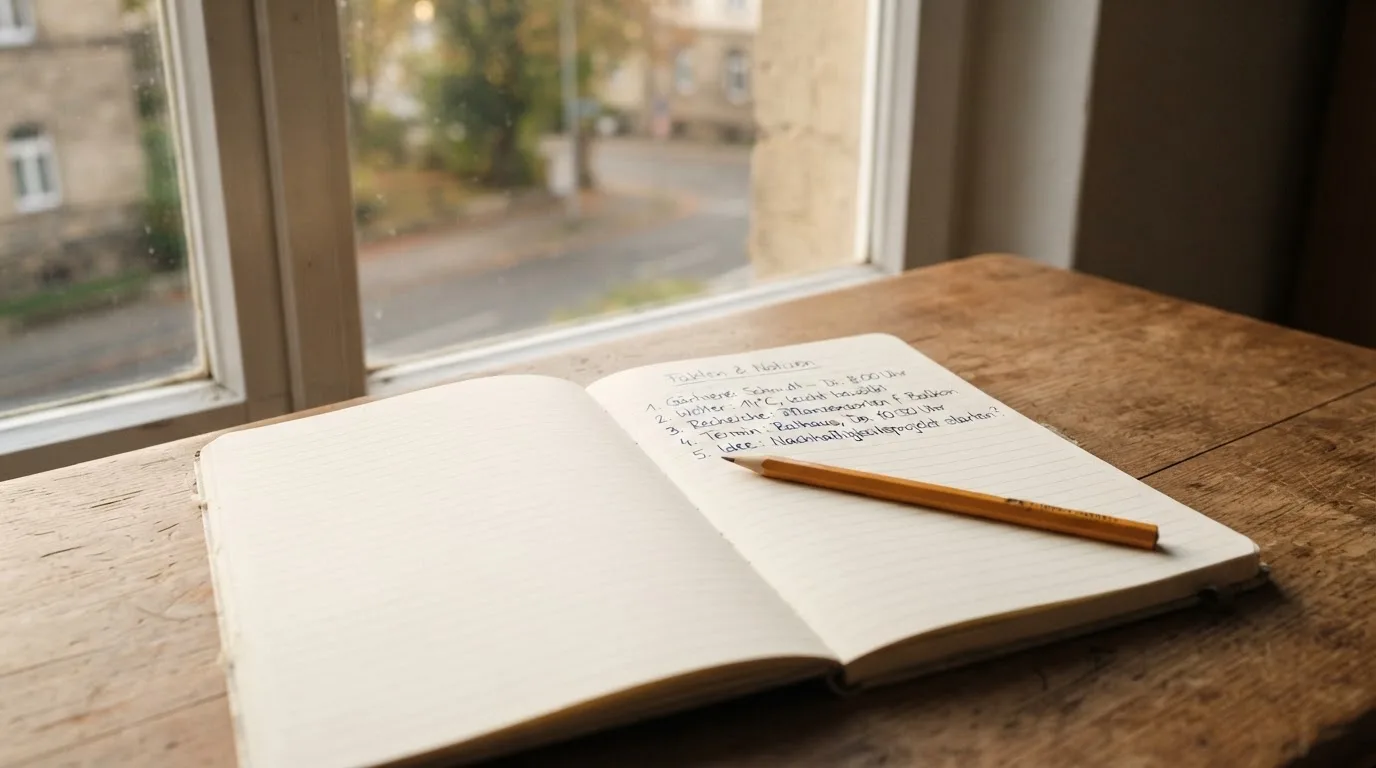 Ein Notizbuch mit handschriftlichen Notizen und ein Bleistift liegen auf einem Schreibtisch am Fenster, draußen fällt Morgenlicht herein.