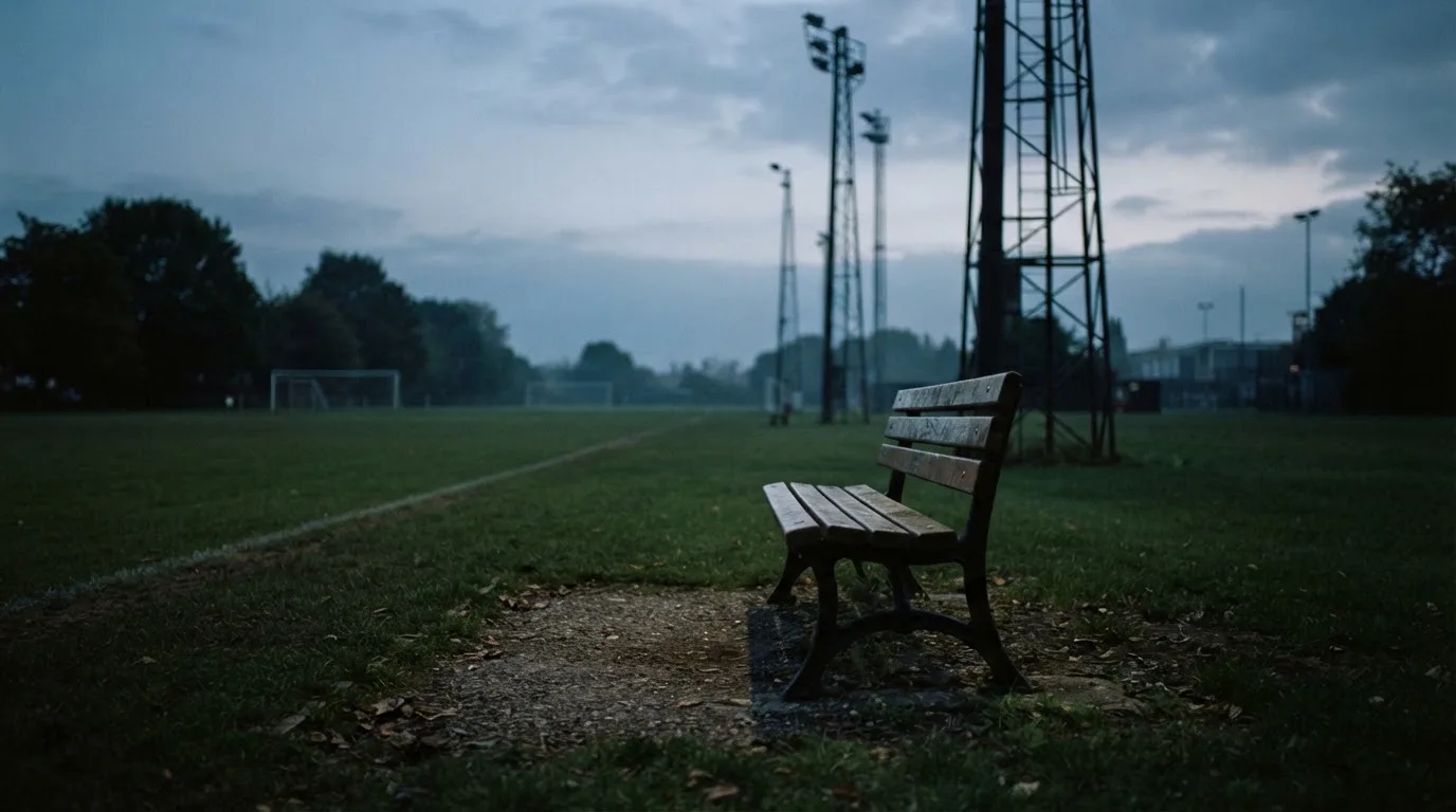 Eine leere Parkbank am Rand eines Fußballfelds in der Abenddämmerung, im Hintergrund ragen dunkle Flutlichtmasten in den Himmel.