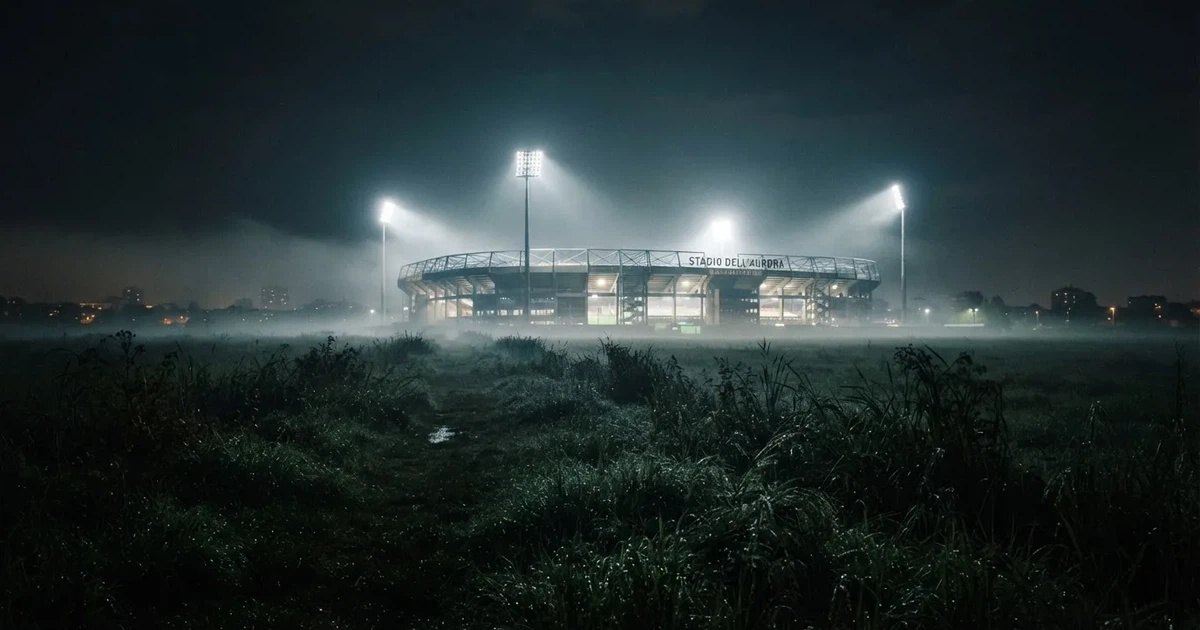 Ein Stadion unter Flutlicht, aus großer Entfernung über eine dunkle Wiese fotografiert, am Himmel zieht Nebel auf.