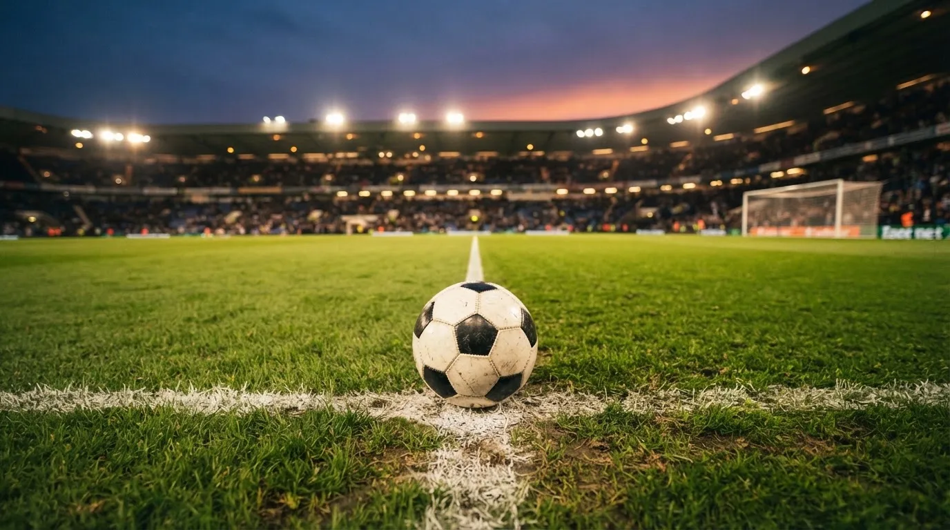 Ein Fußball liegt auf dem Anstoßpunkt eines leeren Rasenplatzes, im Hintergrund steht ein Stadion unter Flutlicht in der Dämmerung.