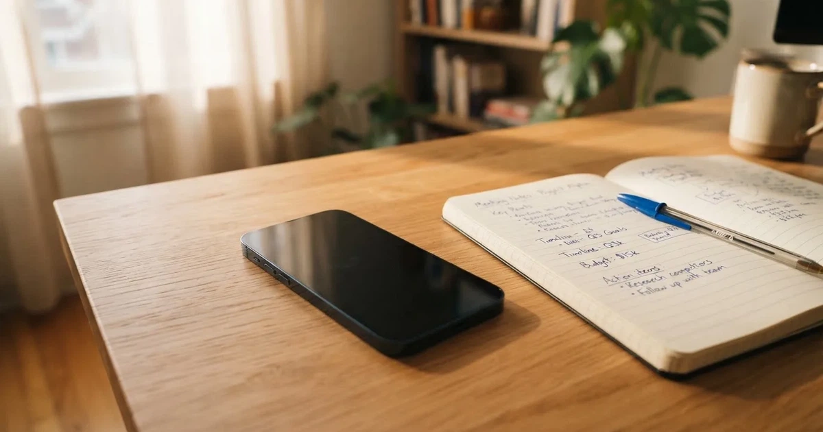 Ein Smartphone liegt neben einem Notizbuch und einem Kugelschreiber auf einem hellen Schreibtisch, das Display ist ausgeschaltet.