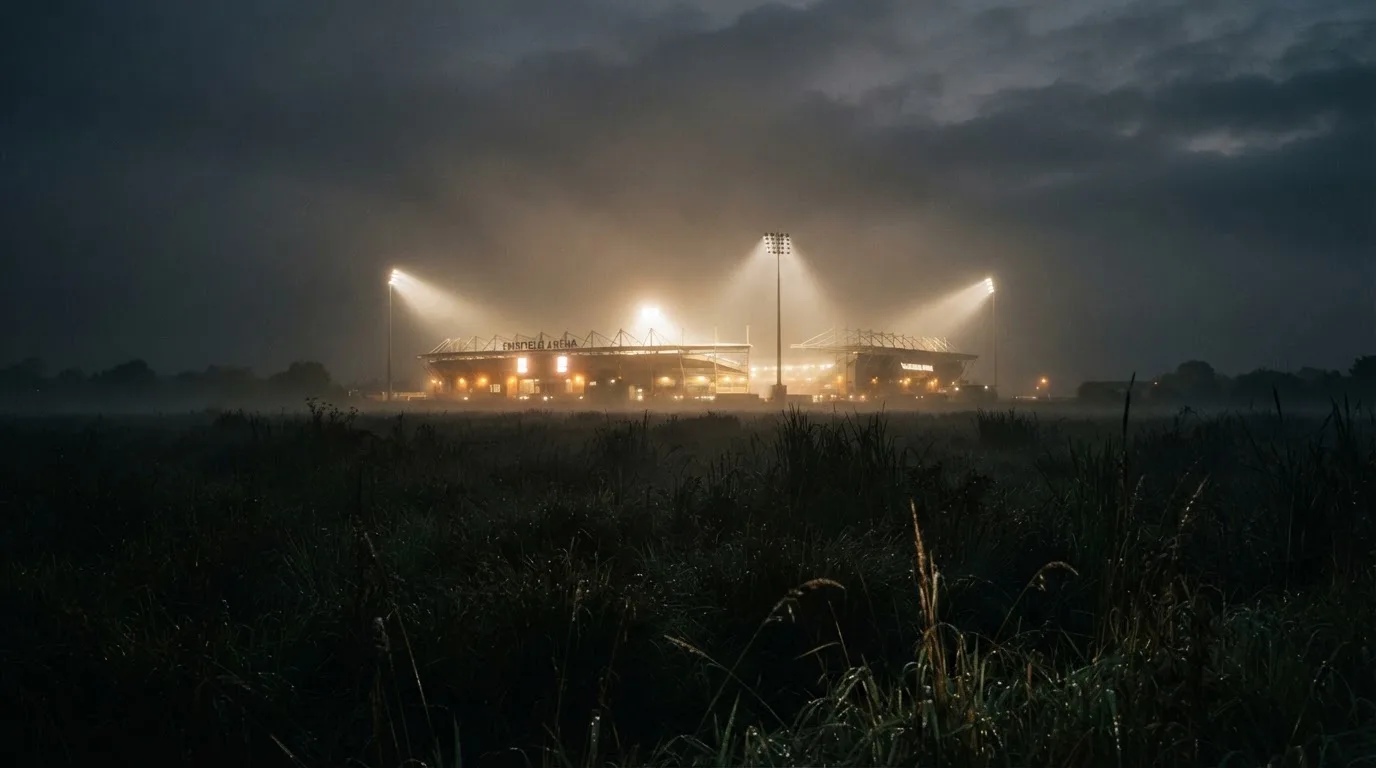 Ein Stadion unter Flutlicht, aus großer Entfernung über eine dunkle Wiese fotografiert, am Himmel zieht Nebel auf.