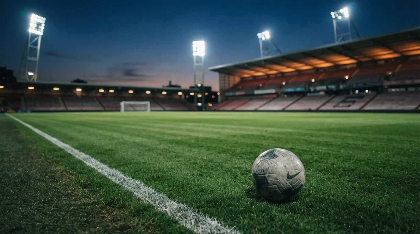 Ein Fußball liegt auf dem Rasen eines leeren Platzes, im Hintergrund ein Stadion unter Flutlicht in der Abenddämmerung.