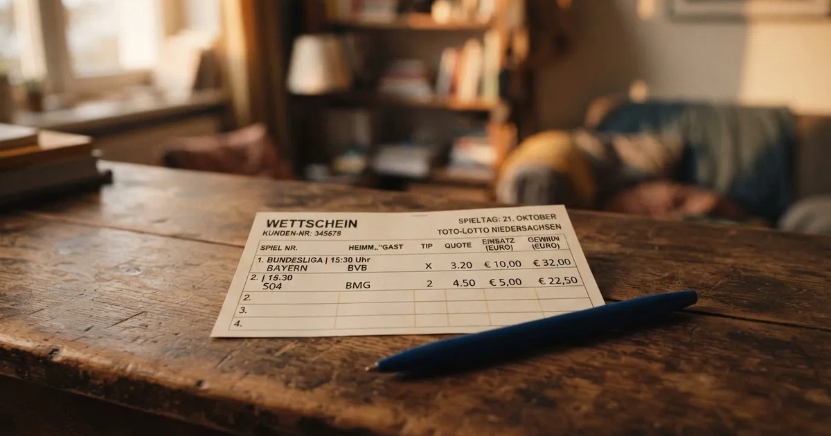 Ein leerer Wettschein aus Papier liegt neben einem Stift auf einer hölzernen Theke, weiches Licht fällt von der Seite ein.