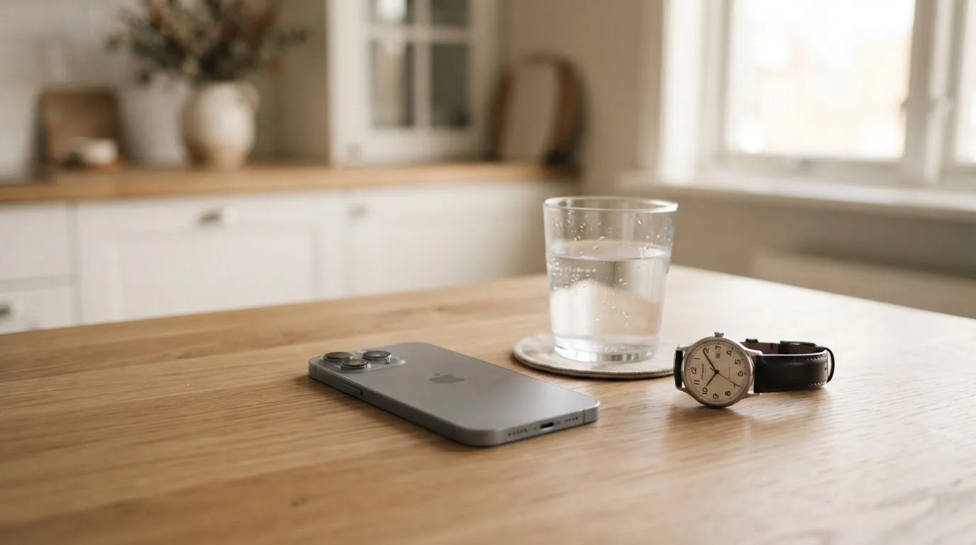 Ein Smartphone liegt mit dem Display nach unten auf einem Küchentisch, daneben stehen ein Glas Wasser und eine Armbanduhr.