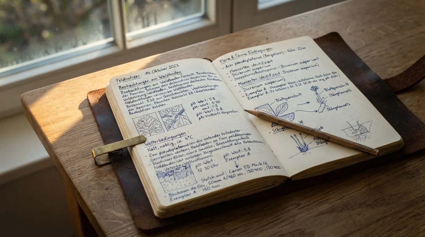 Ein Notizbuch mit handschriftlichen Notizen und ein Bleistift liegen auf einem Schreibtisch am Fenster, draußen fällt Morgenlicht herein.