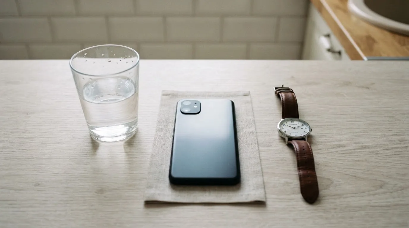 Ein Smartphone liegt mit dem Display nach unten auf einem Küchentisch, daneben stehen ein Glas Wasser und eine Armbanduhr.