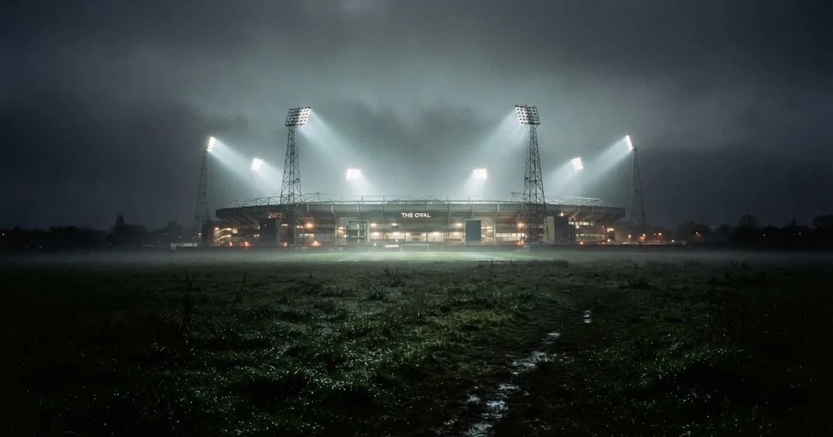 Ein Stadion unter Flutlicht, aus großer Entfernung über eine dunkle Wiese fotografiert, am Himmel zieht Nebel auf.