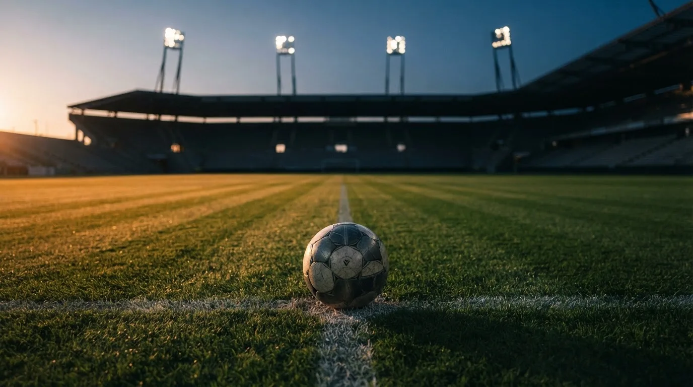Ein Fußball liegt auf dem Anstoßpunkt eines leeren Rasenplatzes, im Hintergrund steht ein Stadion unter Flutlicht in der Dämmerung.
