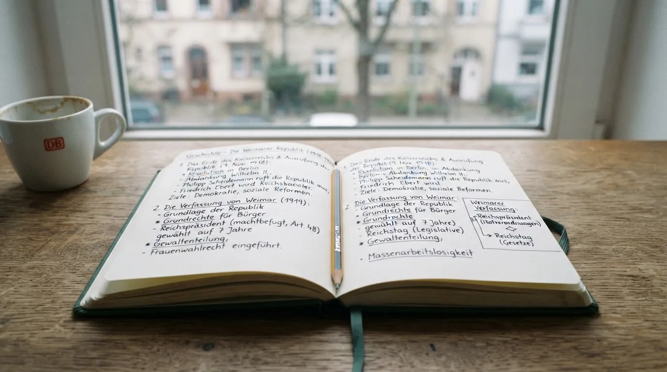 Ein Notizbuch mit handschriftlichen Notizen und ein Bleistift liegen auf einem Schreibtisch am Fenster, draußen fällt Morgenlicht herein.