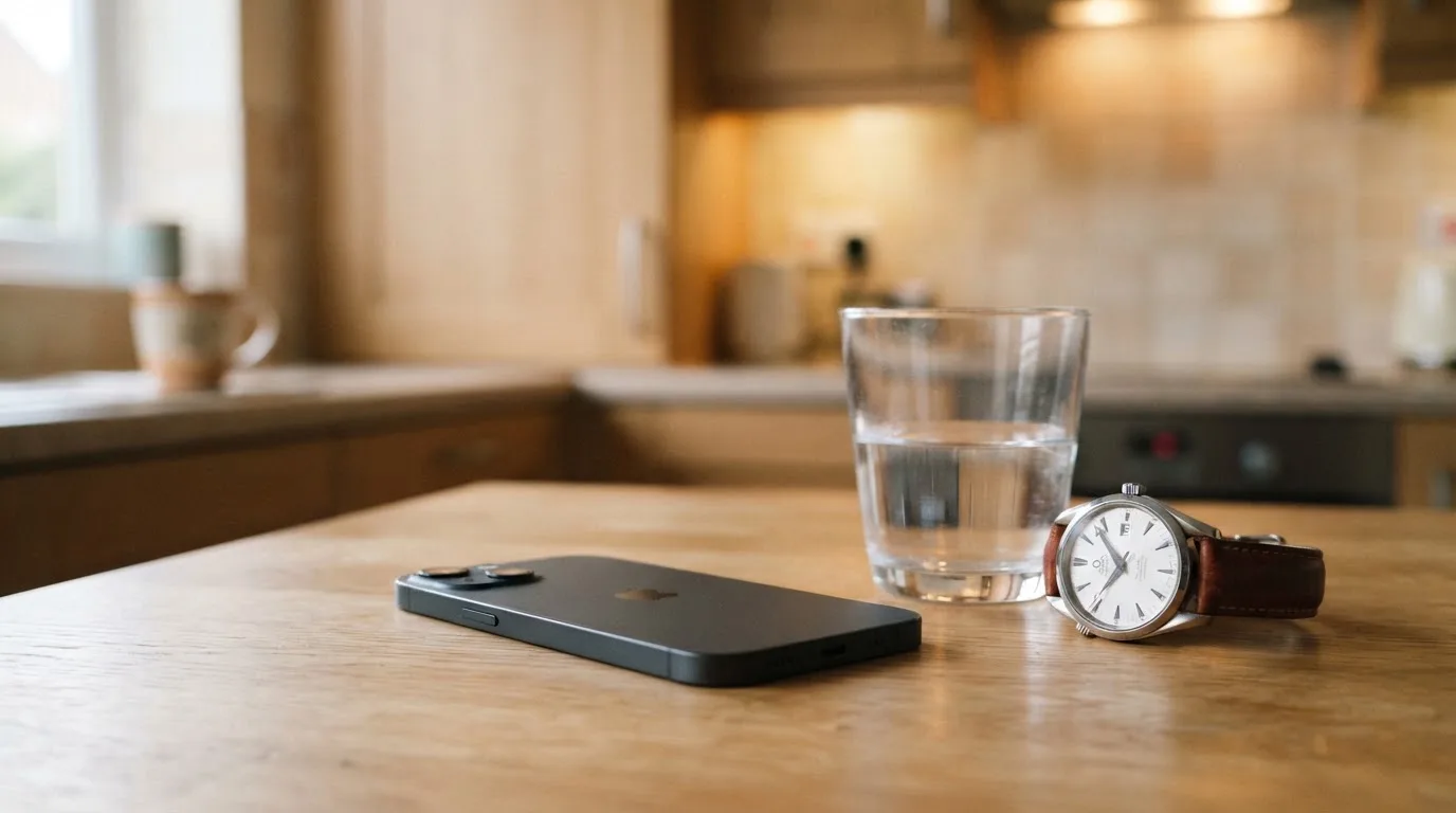 Ein Smartphone liegt mit dem Display nach unten auf einem Küchentisch, daneben stehen ein Glas Wasser und eine Armbanduhr.