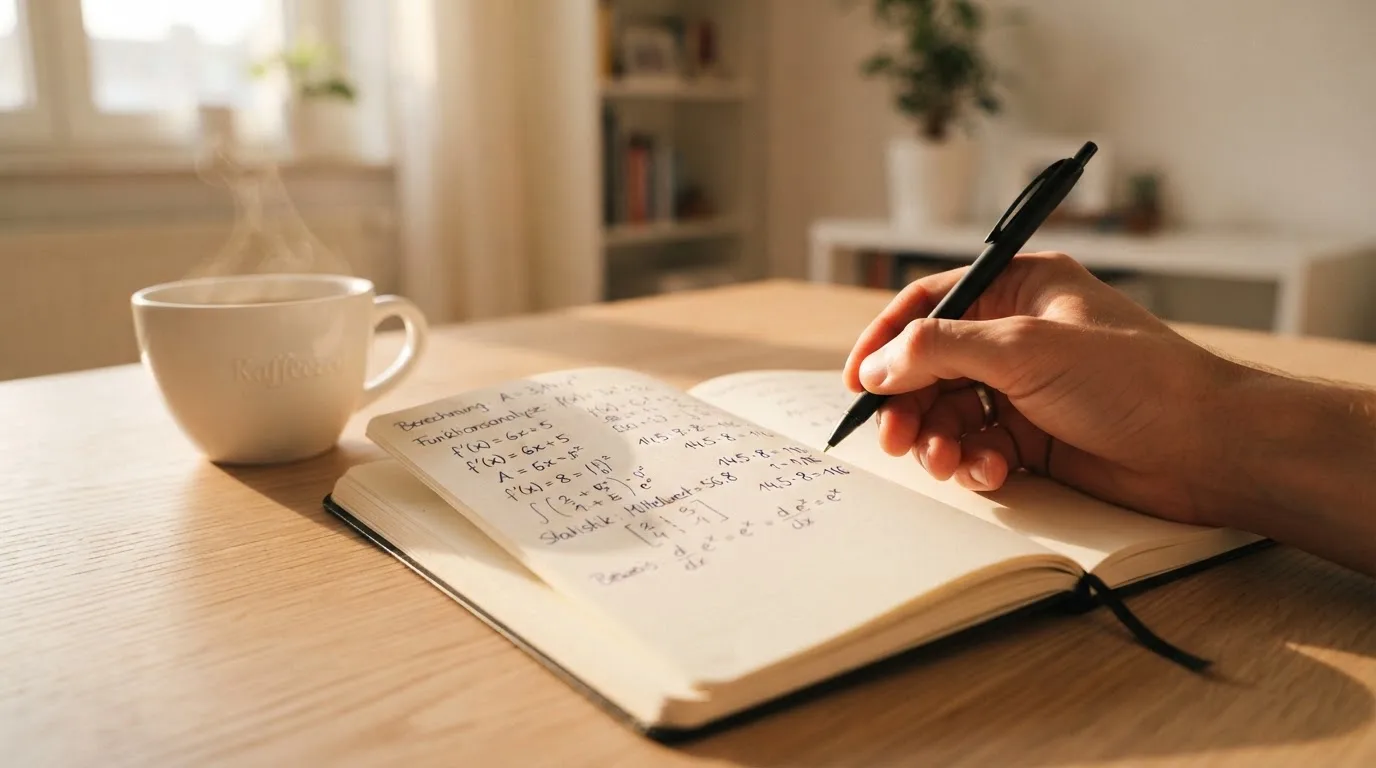 Ein Notizbuch mit handschriftlichen Rechnungen und ein Taschenrechner liegen auf einem Schreibtisch neben einer Tasse Kaffee im Licht des frühen Morgens.