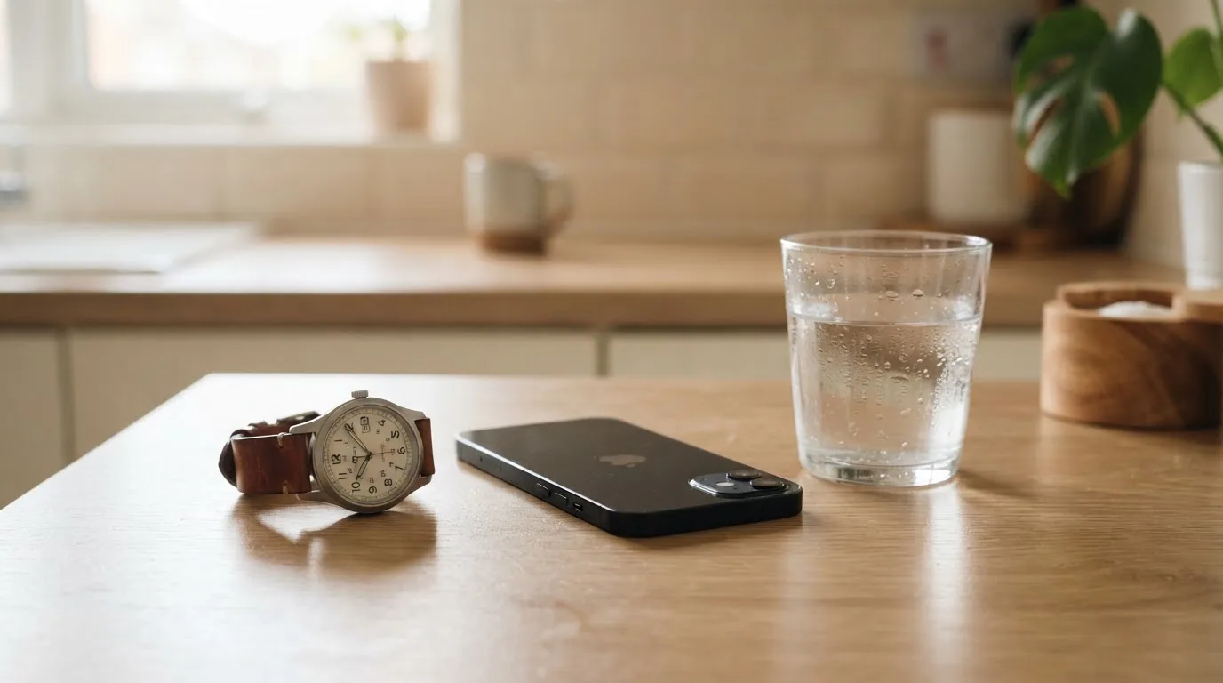 Ein Smartphone liegt mit dem Display nach unten auf einem Küchentisch, daneben stehen ein Glas Wasser und eine Armbanduhr.