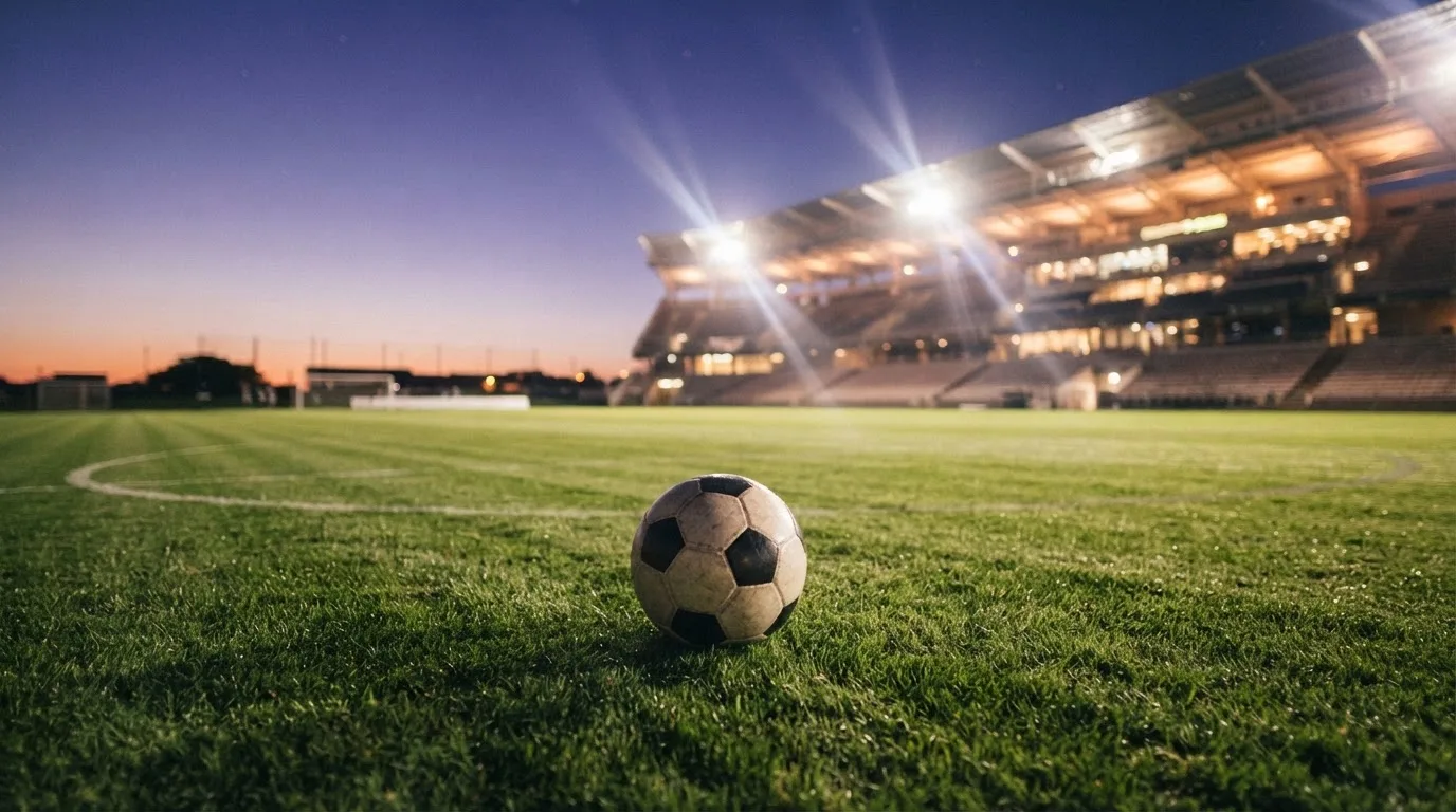 Ein Fußball liegt auf dem Rasen eines leeren Platzes, im Hintergrund ein Stadion unter Flutlicht in der Abenddämmerung.