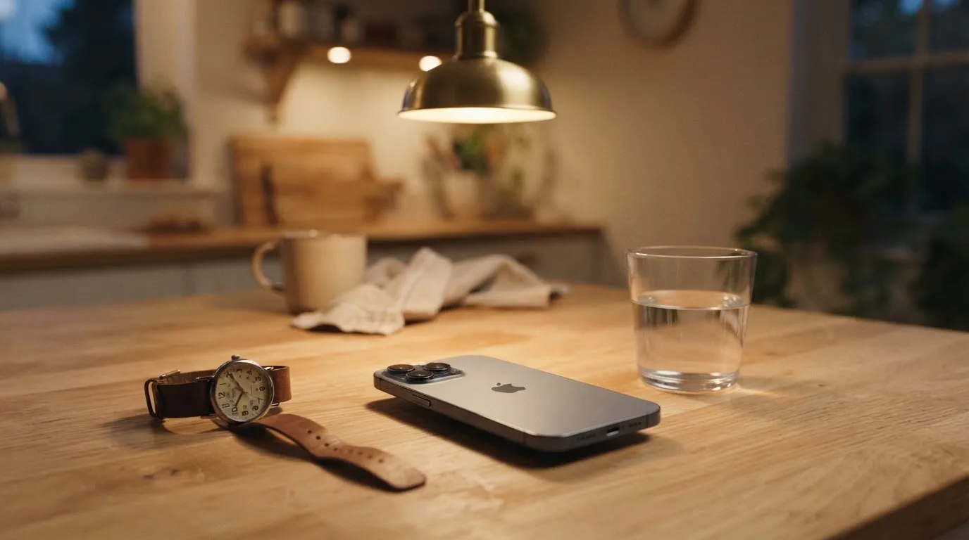 Ein Smartphone liegt mit dem Display nach unten auf einem Küchentisch, daneben stehen ein Glas Wasser und eine Armbanduhr.