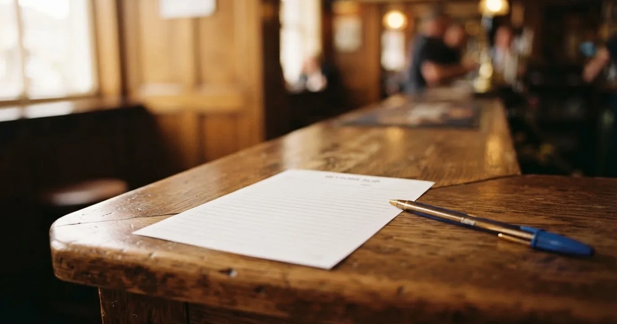 Ein leerer Wettschein aus Papier liegt neben einem Stift auf einer hölzernen Theke, weiches Licht fällt von der Seite ein.