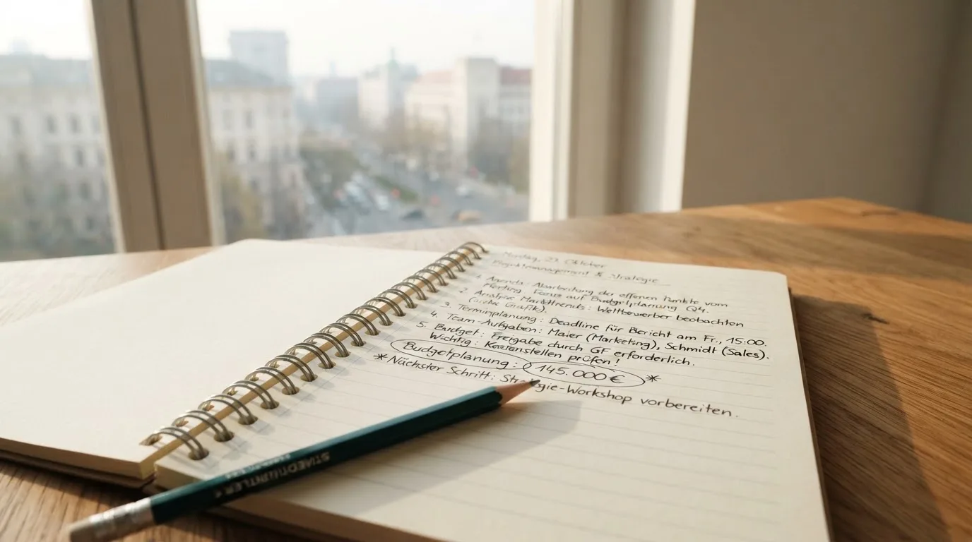 Ein Notizbuch mit handschriftlichen Notizen und ein Bleistift liegen auf einem Schreibtisch am Fenster, draußen fällt Morgenlicht herein.